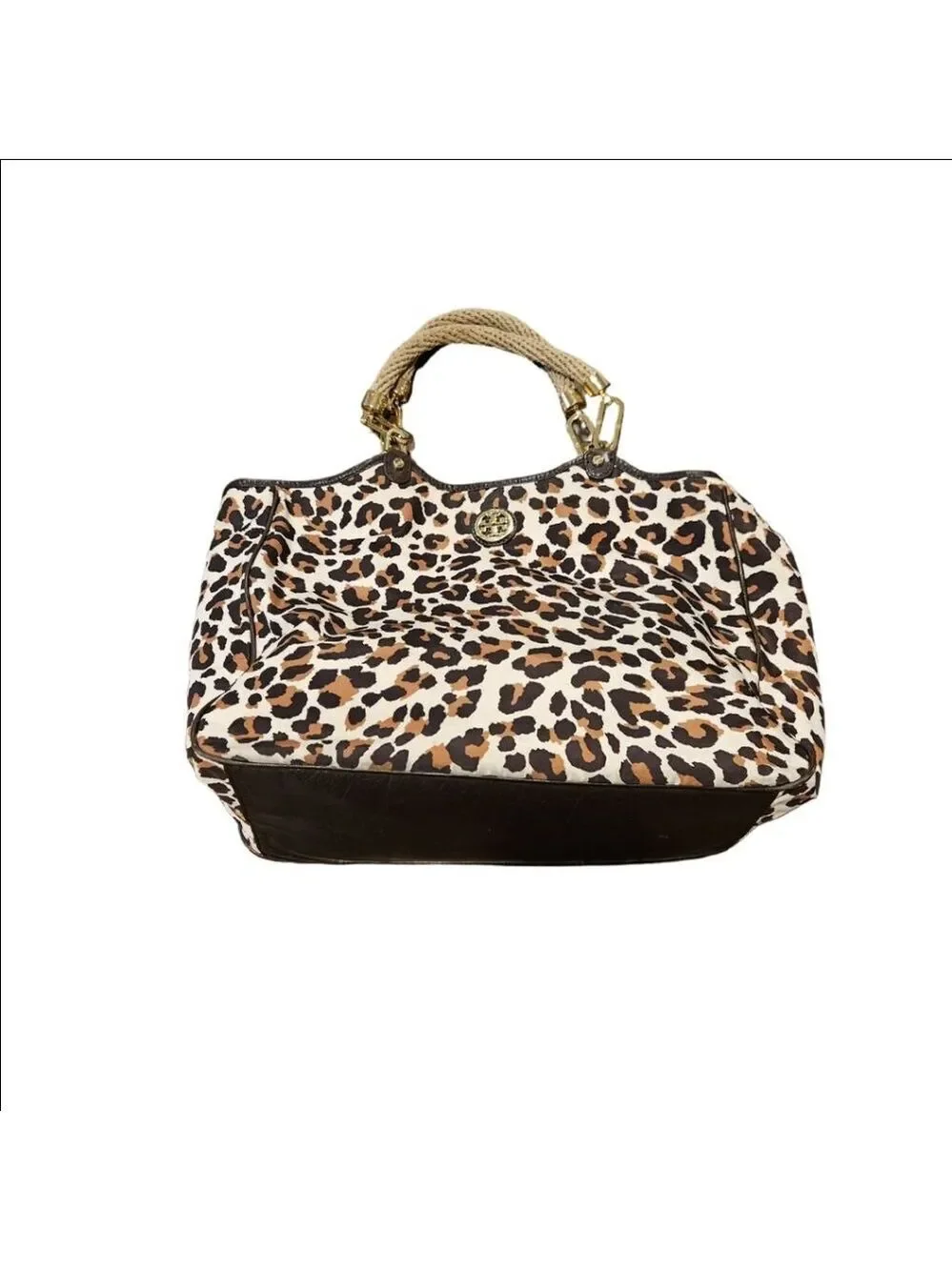 Women's Tory Burch Leopard Print Large Tote Bag Rope Handles Brown Beige